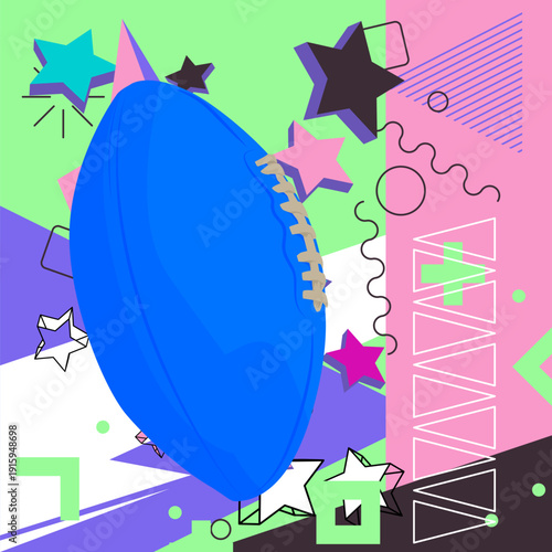 American Football Ball geometrical graphic retro theme background. Minimal geometric elements. Vintage abstract shapes vector illustration.