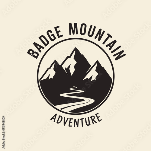 Badge Mountain Adventure logo with a winding road leading to rugged peaks within a circular emblem, perfect for outdoor enthusiast branding