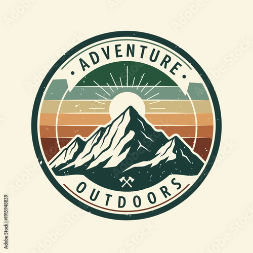 Retro wilderness adventure emblem badge with majestic mountains, a radiant sunburst, and crossed axes, symbolizing exploration and outdoor pursuits
