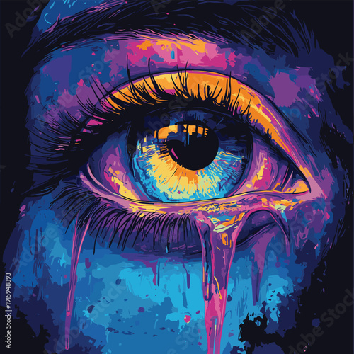 Hyperreal crying eye with colorful iris cybernetic pupil and surreal emotional tears close up digital illustration concept art , vector style simple color
