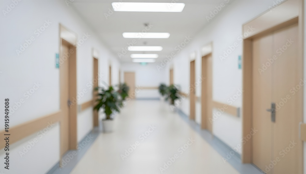 Fototapeta premium Blurred background of a long corridor with plant pots and wooden doors