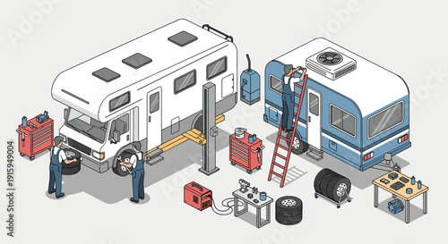 Isometric view of a recreational vehicle undergoing maintenance and repair