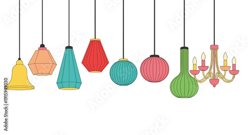 Colorful hanging lamps and chandeliers displayed in a simple illustration