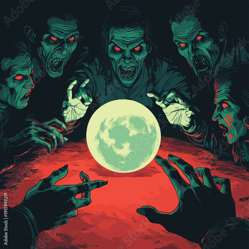 Demonic crystal ball seance with terrified cultists around red table in dark horror comic style illustration , vector style simple color
