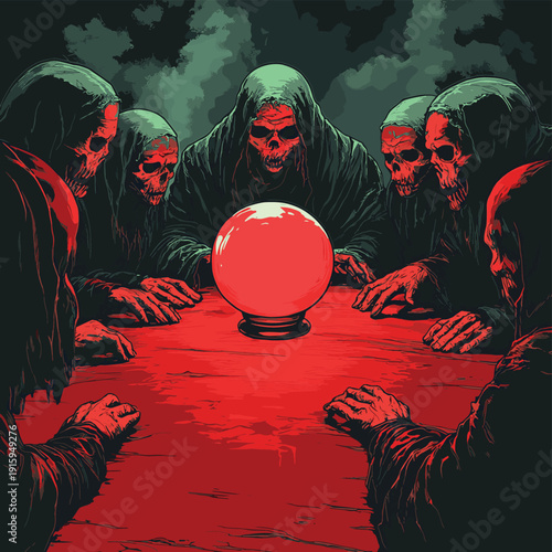 Demonic crystal ball seance with terrified cultists around red table in dark horror comic style illustration , vector style simple color