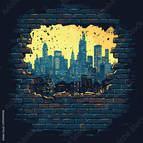 Futuristic city skyline viewed through broken brick wall symbol of urban decay hope innovation and new opportunities , vector style simple color