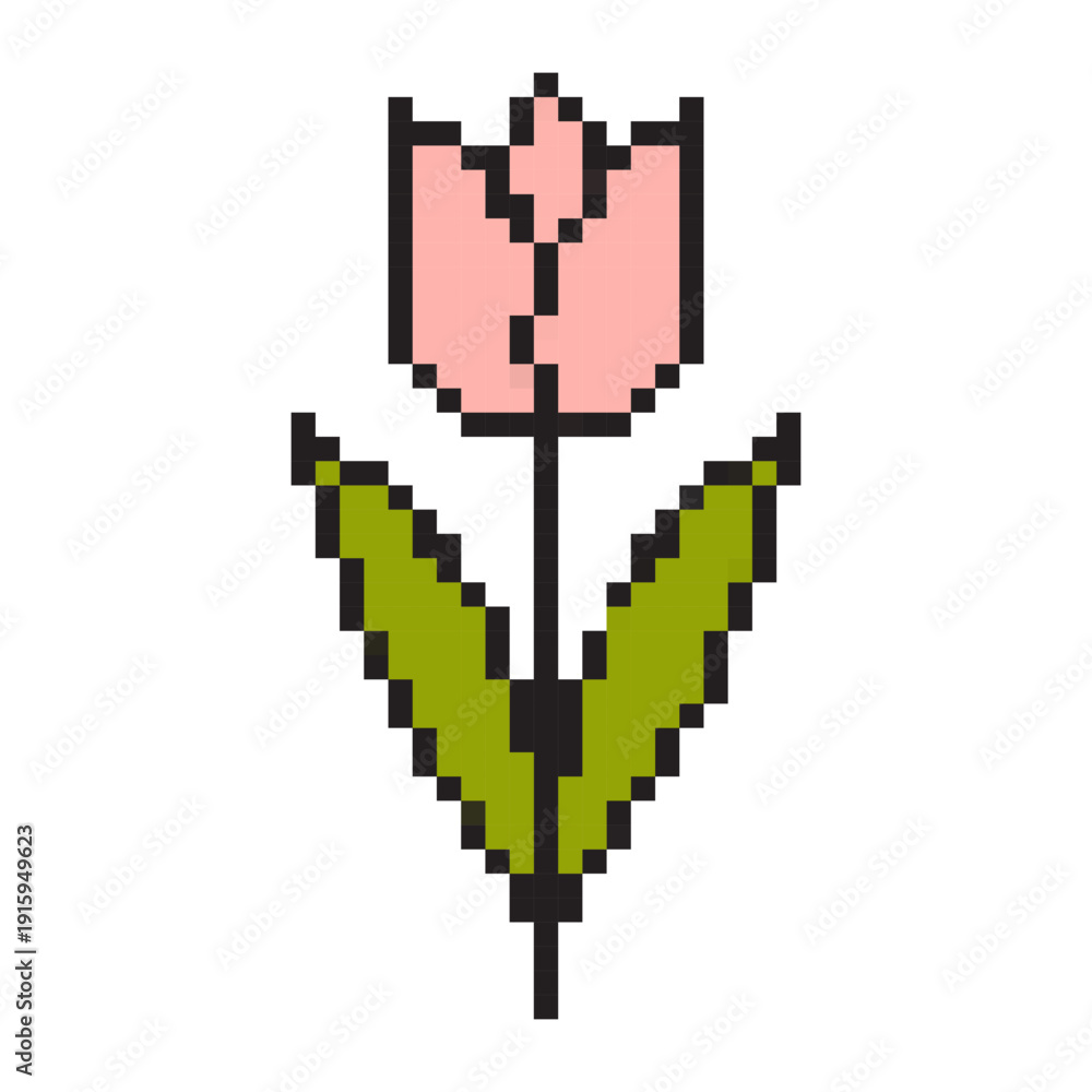 Obraz premium Easter tulip pixel art icon. Retro 8-bit style pink flower with green leaves. Minimalist floral vector illustration isolated on white. Simple game aesthetic spring blossom symbol.