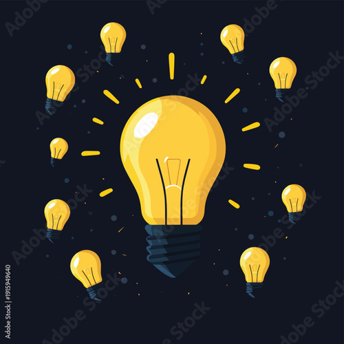 Glowing light bulb standing out among dim bulbs symbol of innovation leadership creativity and bright idea on dark background , vector style simple color
