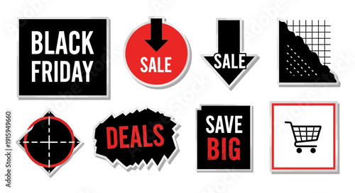 Black Friday Sale Icons: Shopping Cart, Deals, Save Big, Sale Arrows, Target