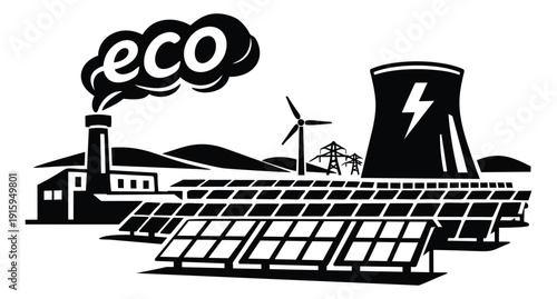 Vector illustration of an energy landscape depicting industrial pollution alongside renewable power sources for environmental impact concepts