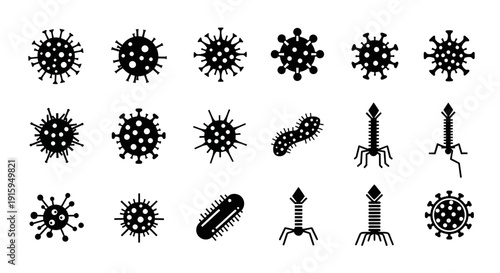 Microorganism Icons: Viruses, Bacteria, Bacteriophages - Science and Medical Vector Set