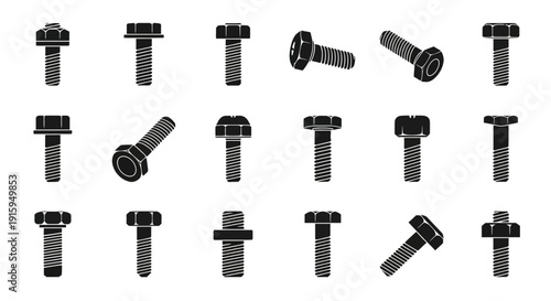 Collection of Black Silhouette Bolts and Screws Icons, Industrial Fasteners Set