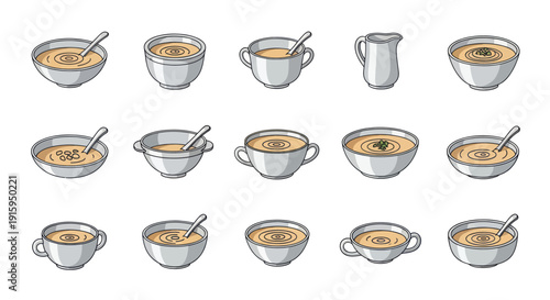 Set of 15 hand-drawn bowls and cups filled with creamy soup and garnishes, includes spoons and pitcher, perfect for food menus or recipe illustrations