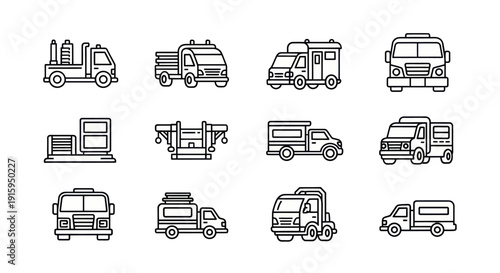 Set of 12 black and white line art truck icons including flatbed, camper, cargo, dump, and utility vehicles perfect for transportation and logistics design