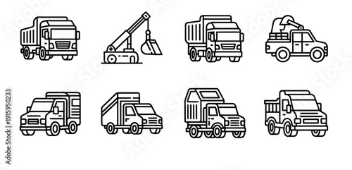 Set of black and white line art construction and dump trucks icons, heavy machinery illustrations for industrial and transportation design