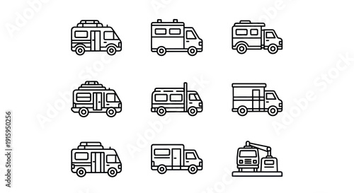 Set of black outline camper van and RV icons in different styles and shapes, perfect for travel and outdoor adventure design projects