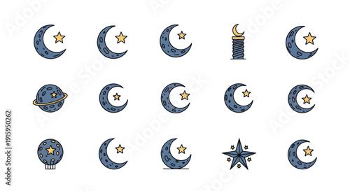 Set of cartoon crescent moon and star icons in various styles and designs for night theme and celestial concepts