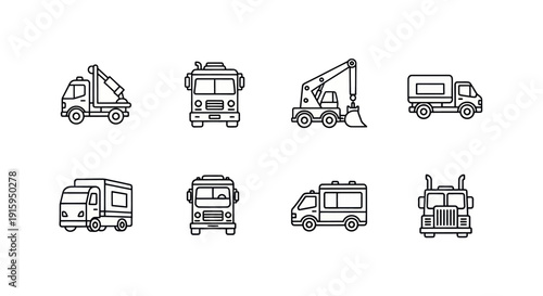 Set of construction and transport truck icons in thin line style, industrial vehicle symbols for logistics and heavy machinery projects