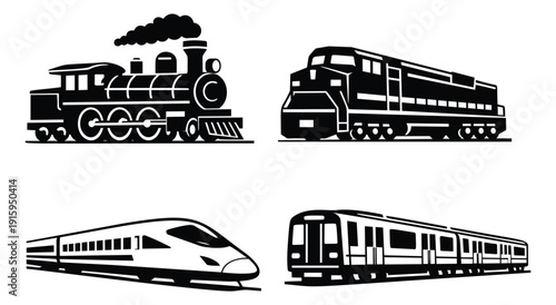 Minimalist line art train icon set featuring steam, diesel, high-speed, and subway locomotives for transportation design