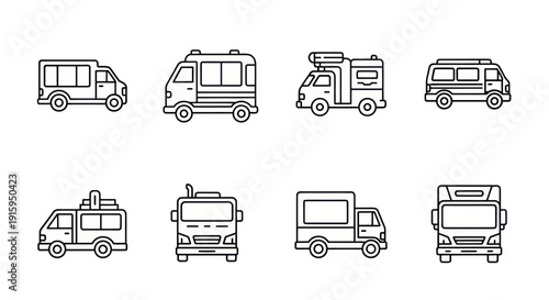 Set of simple black line icons of different delivery, utility, and service trucks and vans, perfect for transportation and logistics design