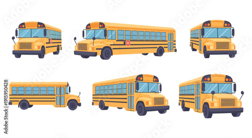 Set of six yellow school bus illustrations in different angles and views, ideal for education and transportation design projects