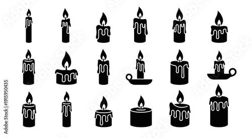 Set of 20 Black Candle Icons with Flames, Dripping Wax, and Holders