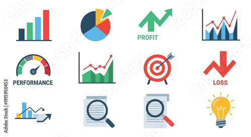Business Growth Icons: Finance, Profit, Loss, Performance, Analysis & Ideas