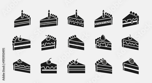 Set of Black Cake Slices Icons: Birthday, Dessert, Sweet Treat Variations