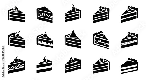 Collection of Black and White Cake Slices Icons, Dessert Vector Illustrations