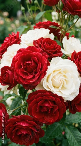 Close up of Red and White Roses in Full Bloom