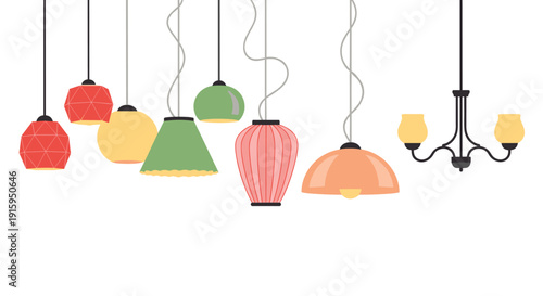 An arrangement of colorful pendant lamps against a white background