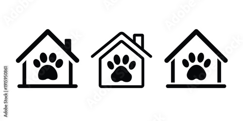 Set of three black and white icons representing a house with a paw print inside, symbolizing pet care, shelter, or home