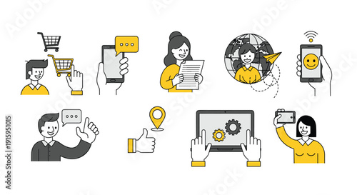 Digital communication and online shopping icons illustrate modern connectivity