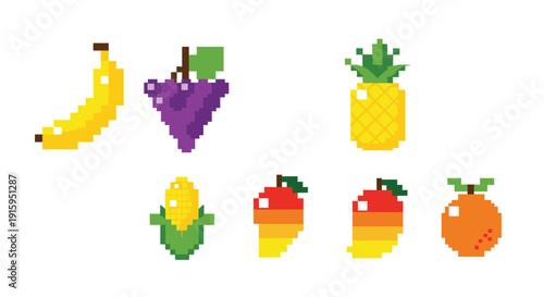 Pixelated fruit icons banana grapes pineapple corn mango and orange