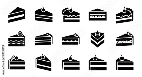 Collection of Black Cake Slices Icons, Dessert Vector Graphics