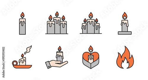 Candle Icon Set: Various Candles, Flames, and Holders for Ambiance and Celebration