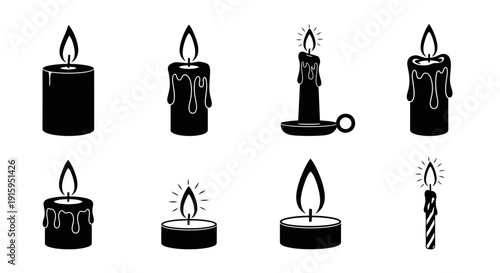 Set of Black Candle Icons: Various Shapes and Styles