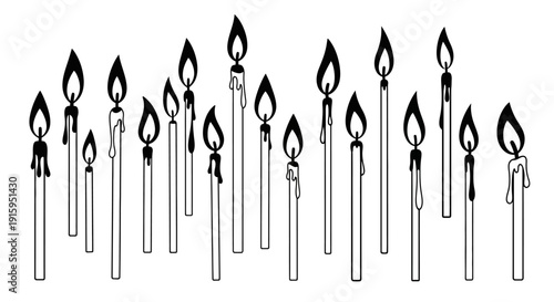 Collection of lit candles of various sizes, black and white illustration