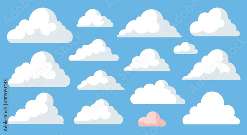 Fluffy White Cumulus Clouds on a Clear Blue Sky Background - Vector Illustration