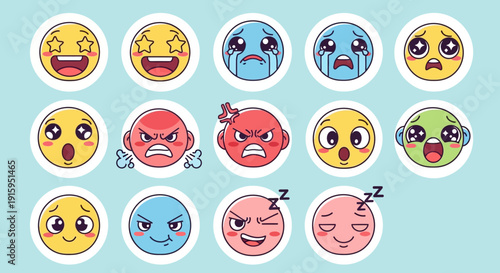 Set of expressive emoji faces showing different emotions like happiness, sadness, anger, and sleepiness.