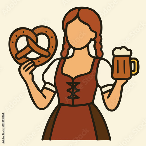 Traditional woman in dirndl dress holding a pretzel and beer mug for Oktoberfest.