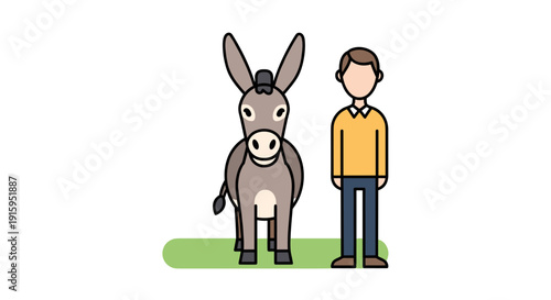 Donkey and Young Man Rural Cartoon Illustration