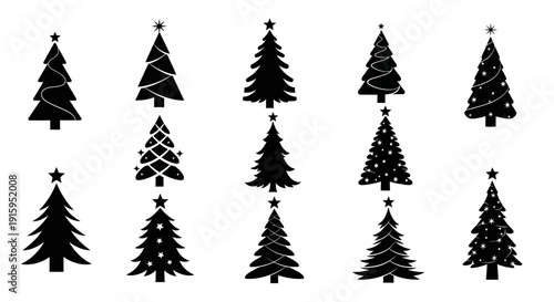 Collection of Black Silhouette Christmas Trees with Stars and Ornaments