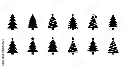 Set of 12 Black Christmas Tree Icons with Stars and Ornaments