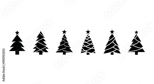 Set of six stylized black Christmas trees with stars on white background