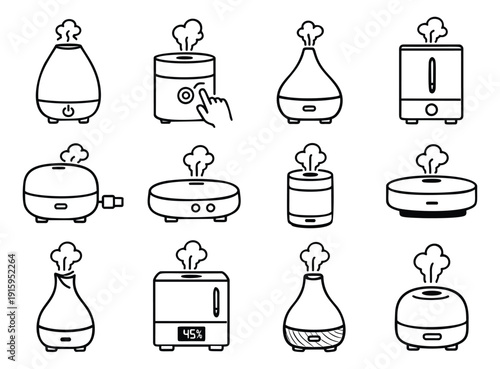 Line art aromatherapy diffuser and humidifier icons set featuring different models emitting mist for home and health