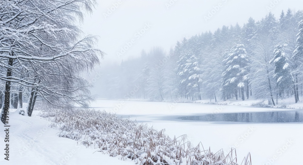 Fototapeta premium Winter Landscape of Snow Covered Trees and River