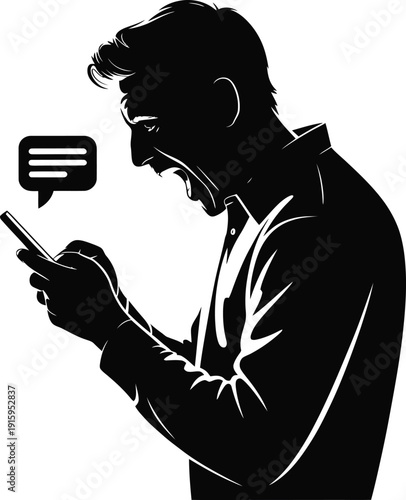 Angry man yelling at smartphone screen with text bubble, communication frustration, digital overload, receiving bad news