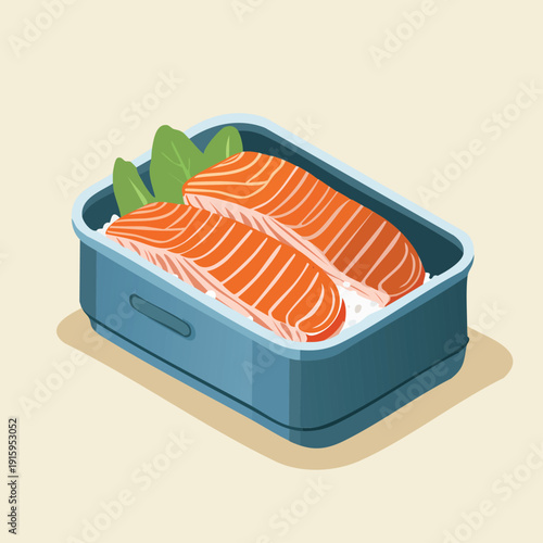 fresh raw salmon fillets in a blue plastic container