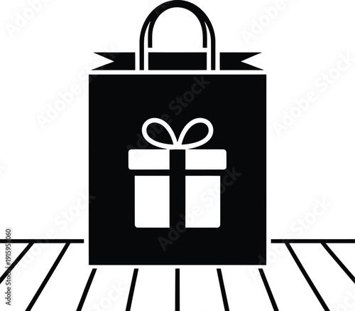 Black shopping bag icon with gift box symbol isolated on transparent background for retail use
